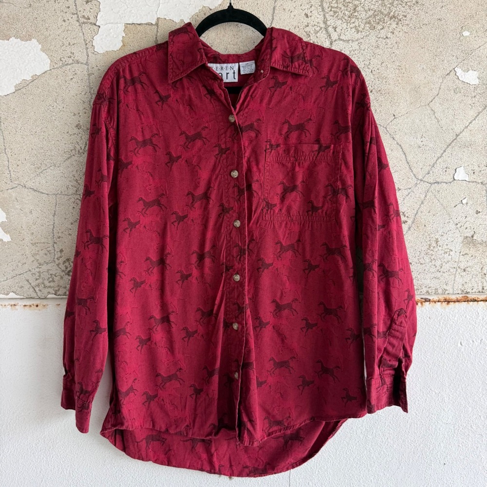Vintage Horse Print Shirt Button Down Women 1X Keren Hart Western Equestrian Top